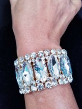 Rhinestone Bracelet Stretch, Gold Tone Clear, Crystal Pageant Prom Jewelry, Brid - £42.96 GBP
