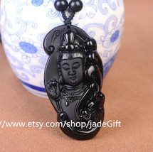 Free Shipping - jade luck Kuan Yin natural black jade Bodhisattva Kuan Yin penda - £24.85 GBP