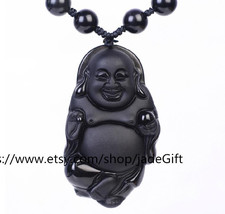 Free Shipping - hand-carved natural black jade laughing Buddha pendant beaded ne - £24.51 GBP