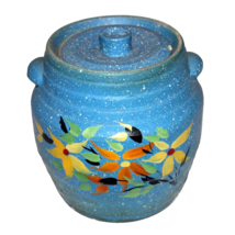 Vintage Stoneware Crock With Lid Painted Blue White Speckles Floral Weighs 5+ Lb - £11.83 GBP