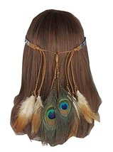 Retro Bohemian Peacock Feather Hairband Hippie Headband Tassel Headdress, Brown - $24.70