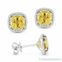 2.23 ct Cushion Cut Citrine &amp; Round Diamond Halo Stud Earrings in 14k White Gold - £288.55 GBP