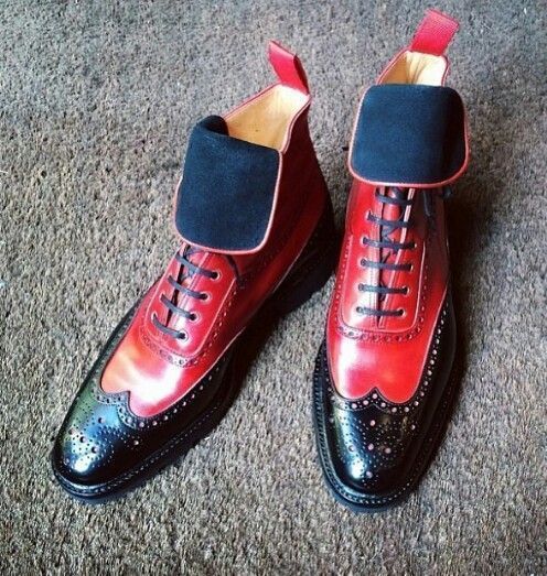 Two Tone Red Black Contrast Wing Tip Brogue Toe High Ankle Vintage Leather Boots