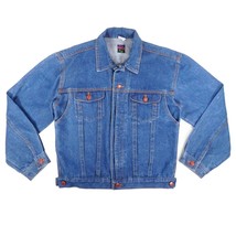 Vintage 80s Womens XL Mens L Blue Denim Jean Jacket Red Button Trucker P... - £33.02 GBP