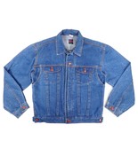 Vintage 80s Womens XL Mens L Blue Denim Jean Jacket Red Button Trucker P... - £32.38 GBP