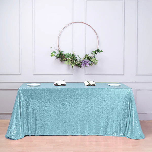 Serenity Blue - 90&quot;x156&quot; Rectangle Tablecloth LUXURY COLLECTION Duchess Sequin  - £79.91 GBP