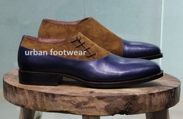 Mens New Handmade Formal Shoes Brown Suede Blue Leather Side Lace Casual - £115.09 GBP