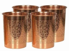 Handmade 100% Pure Embossed Copper Glass Ayurvedic Health Benefits. 300ml 4Pcs - £22.17 GBP