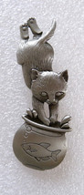 JJ Jonette Jewelry Pewter Tone Cat and Fish Bowl Pin Brooch - £10.08 GBP