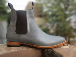 NEW Handmade Men&#39;s Gray Color Leather Chelsea Boot, Men&#39;s High Ankle Fashion Boo - £122.01 GBP