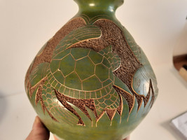 Lovely Vintage Pot in Blue-green Glaze, Incised Turtles, Juan Calero - $26.77