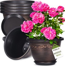Plastic-Plant-Flower-Planters-8 Inch With Drainage Hole &amp; Saucer, 6 Packs - £29.65 GBP