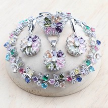 Silver 925 Zircon Flower Set | Colorful Crystal Necklace Ring Earrings B... - £66.92 GBP