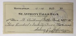 St. Anthony Falls Bank Antique Check c. 1910 10/10/1910 Minneapolis Minnesota - $16.00