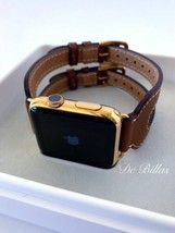 24K Gold Plated 44MM Apple Watch Series 6 with Leather Etoupe Double Buckle Cuff - £910.50 GBP