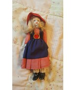 Vintage Porcelain Doll 7 1/2&quot; Red &amp; White Checkered Dress, Black Boots, Hat - £7.89 GBP