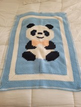 Crochet Handmade Baby Blanket Throw PANDA Blue 30x41 - £19.73 GBP