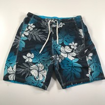 Speedo Swim Trunks Mens Large Blue Floral Leaves Pockets Drawstring Mesh Lining - £11.02 GBP