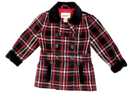 Cherokee Red + Black Plaid Velvet Collar Trim Girl&#39;s Holiday Buttoned Pea Coat - $33.61