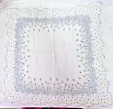 Vintage Hankie 1000&#39;s Tiny Flowers Grey Blue Yellow Scalloped Edge 14 Inch - $9.89