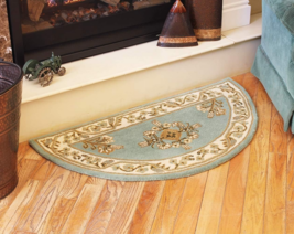 Wool Hearth Rug Half Round Area Rug Blue Green Brown Turkish Style 44&quot; x 22&quot; - £62.34 GBP