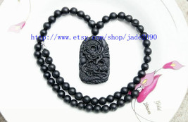 Free Shipping -  Natural black jade carved chinese dragon beaded charm jade bead - £15.00 GBP