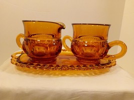 Vintage 3 pc set Amber Glass Creamer/ Sugar &amp; Tray &quot;King&#39;s Crown&quot; Indiana Glass - £19.38 GBP