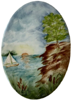 Hand Painted Oval H R Johnson Ltd Tile Sailboat Sailing Vtg signed Leta Glenn - $14.80