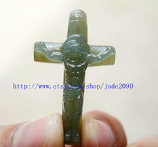 Free Shipping - Good luck Hand- carved  natural light green jade Cross charm   - £15.17 GBP