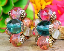 Vintage Multi Color Balls Cluster Faceted Bead Bauble Clip On Earrings - £16.04 GBP