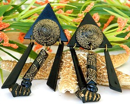 Tribal Geometric Earrings Acrylic Carved Black Gold Large Clips Ethnic - $21.95