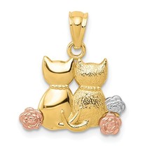  14K Tri Color Gold Double Cat Pendant with Flowers - $164.99