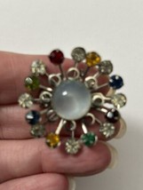 Vintage Moonglow Multi Color Rhinestone Brooch Riveted Silver Tone - £25.64 GBP