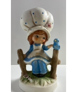 Vintage Lefton 3.75 in tall Little Girl in Blue Dress and Large Bonnet 7988 - $19.79