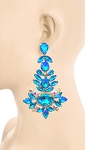 4.5&quot; Long Turquoise Blue Aurora Borealis Crystal Big Huge Statement Earrings - £25.13 GBP