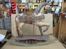 Antique Vintage Wooden Carousel Rocking Horse Child Size Paint Decorated - £513.08 GBP