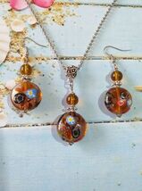 Brown Murano silver set necklace earrings Victorian Murano brown millefi... - $52.00