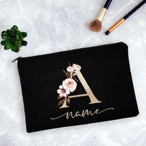 Personalized Name Bridesmaid Makeup Bags Gold Alphabet Flowers Cosmetic Bag Trav - £24.31 GBP