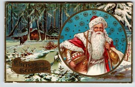 Christmas Postcard Santa Claus Old World Cottage Forest Trees Toy Drum 1909 HSV - £19.32 GBP