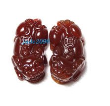 Free Shipping - A pair mythical Animals Natural red jade Carved luck Pi ... - $25.99