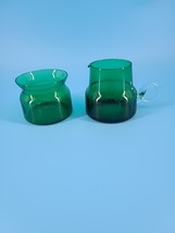 Emerald Green Sugar &amp; Creamer 2 7/8” T Thin Blown Glass Applied Clear Ha... - $15.50