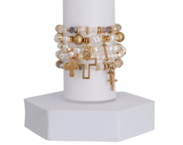 5 PCs Set Gold with Cream Pearls Glass Beads Stretch Cross Charms Bracelet Women - £28.19 GBP