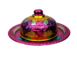 Embossed Moroccan Metal Serving Platter Tray W/ Dome Food Cover Hand Painted 9&quot; - £166.07 GBP