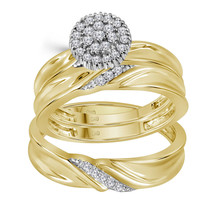 10k Yellow Gold Round Diamond Cluster His Hers Matching Trio Wedding Ring Set - £472.51 GBP