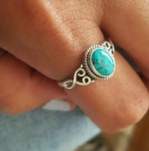Aqua Stone Ring for Women Hollow Out Silver Vintage Ring  Size 7 ! - £10.27 GBP