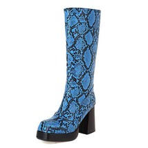 Woman Platform Mid-Calf Boots Square Toe Chunky Heels Snakeskin Leather Zipper B - £75.97 GBP