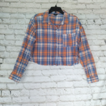 Rue 21 Top Womens Large Blue Orange Plaid Button Up Shirt Cropped Flannel - £15.63 GBP