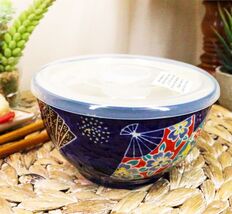 Ebros Pack of 2 Ceramic Blue Oriental Fans Portion Meal Bowls 2 Cups W/ Lid - $27.99
