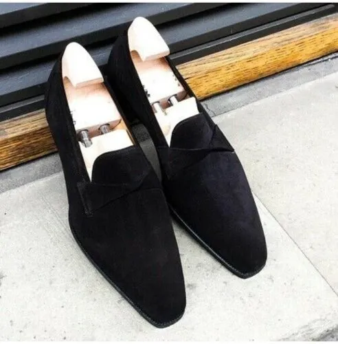 Handmade Men&#39;s Black Suede Leather Penny Loafer Slip On Moccasins Shoes ... - £125.70 GBP