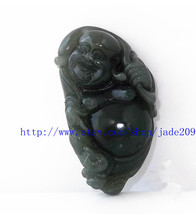 Free shipping - Hand carved  Natural dark green  jade Laughing Buddha charm pend - £20.77 GBP